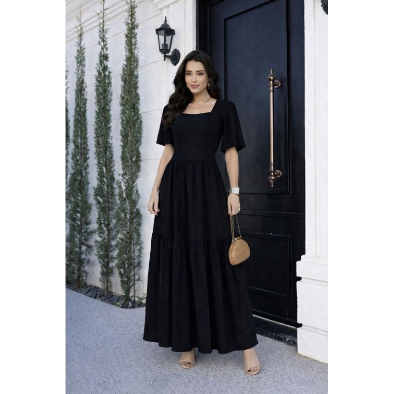 Vestido Feminino Longo Viscolinho Premium Luxo Elegante Confortável Elastex Costas