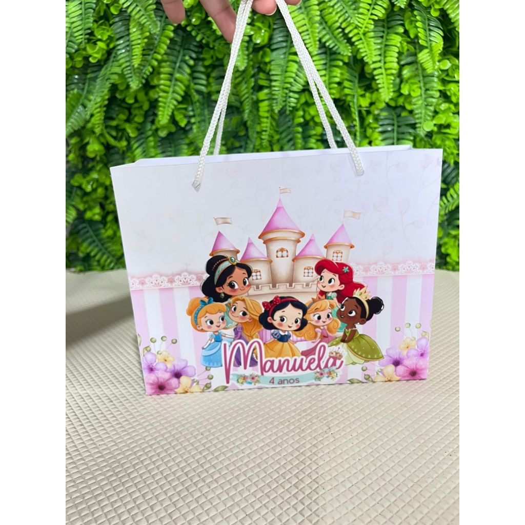 Kit 10 Até 30 Sacolas Personalizadas Princesas Ariel Rapunzel Branca de Neve Lembrancinha Aniversário Mimo Desenho Filme
