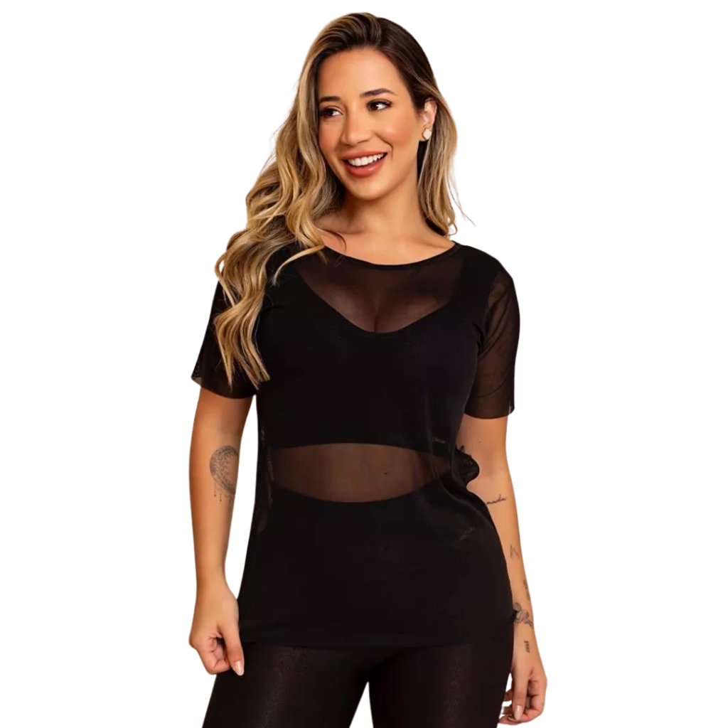 Blusa Feminina Transparente De Tule Manga Curta Camiseta Academia Treino Fitness Musculação
