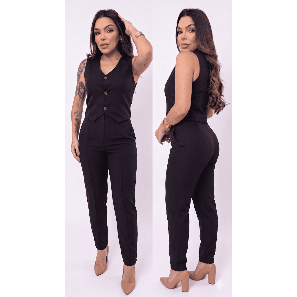 Conjunto Feminino Alfaiataria Premium Colete e Calça Reta Estiloso Social Luxo Trabalho Moda Casual!