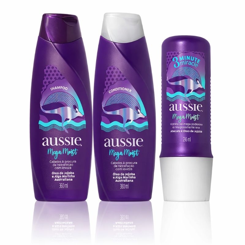 Kit Aussie Mega Moist Hidratação - Shampoo + Condicionador + Creme 3 Minute Miracle ou No Stop Hydration| Envio Imediato