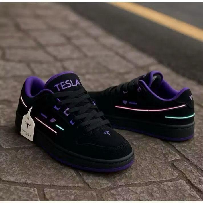 tenis tesla coil black white casual reflect bordado camurca premium