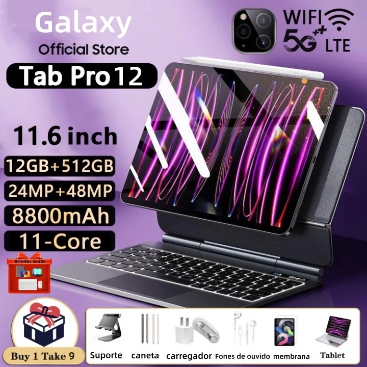 Galaxy Tablet Pc Mil PRO12 Android 14 512GB Memória 12GB Ram 11.6 Polegadas Tablet Pc Milli UNIF