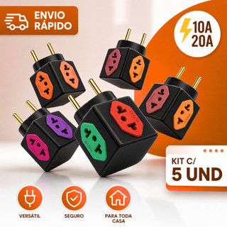 Adaptadores de Tomada Benjamim Cubo Preto 4 Saídas Pino Maciço 10A/20A