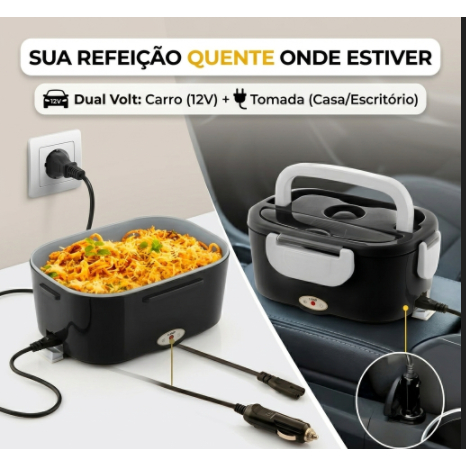 Marmita Elétrica Automotiva 12V e Tomada Bivolt - Aquecedor de Comida Portátil + Pote Divisor - Kit Completo