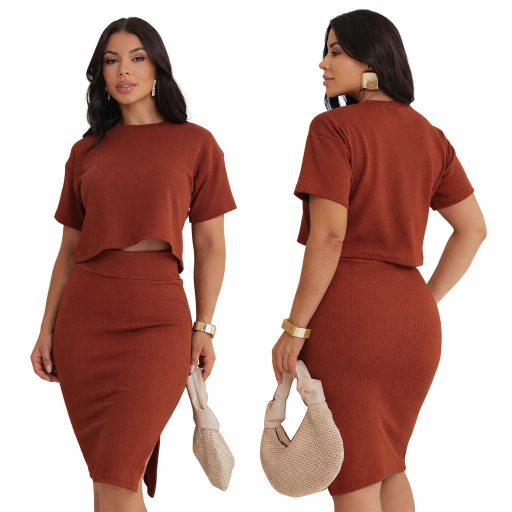 Conjunto Feminino Casual Saia Midi e Cropped Manga Curta P M G GG