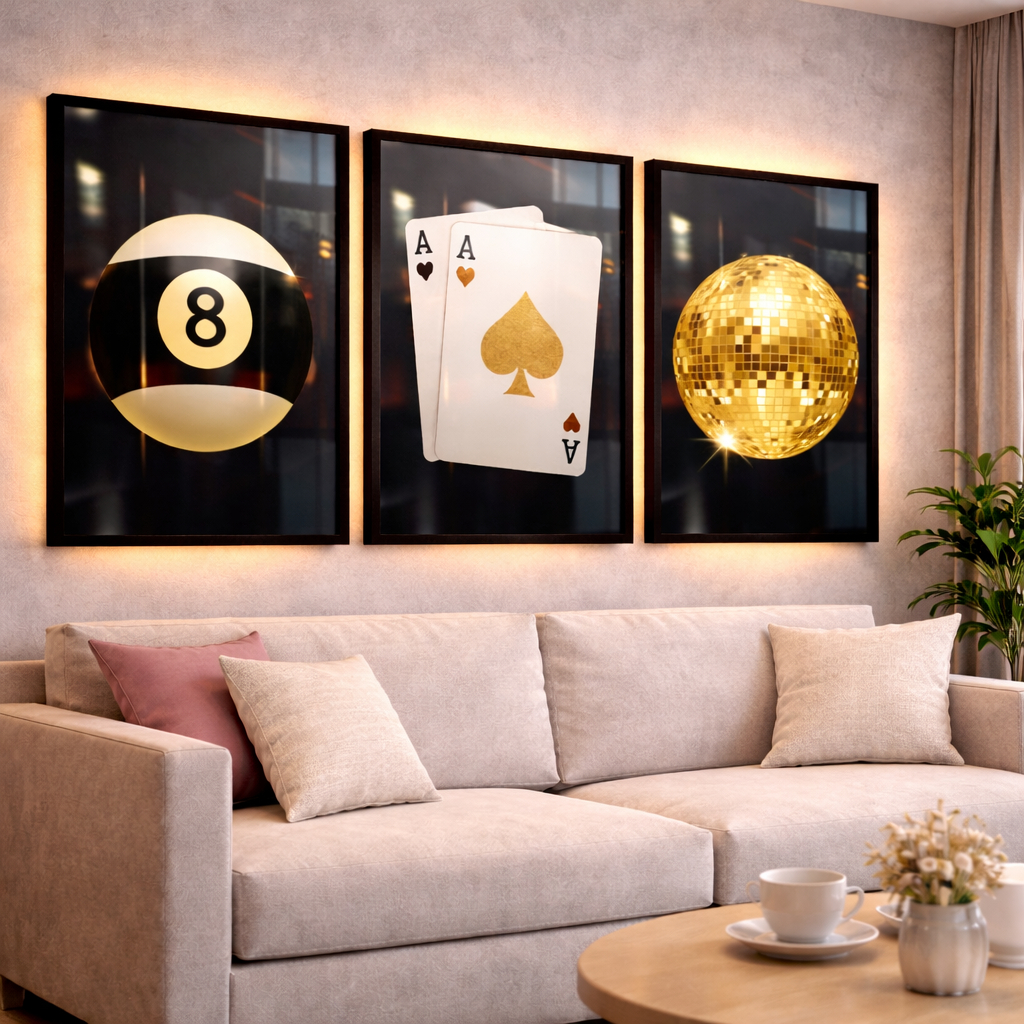 Kit Quadros Decorativos Cantinho dos Jogos Sorte Sinuca Cartas Preto Dourado Bola 8