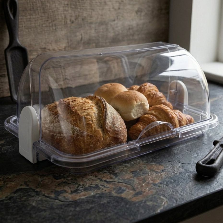 Porta Pão Cristal Armazenador Com Tampa Articulável Profissional Para Pães Bolos Mesa 30x20cm