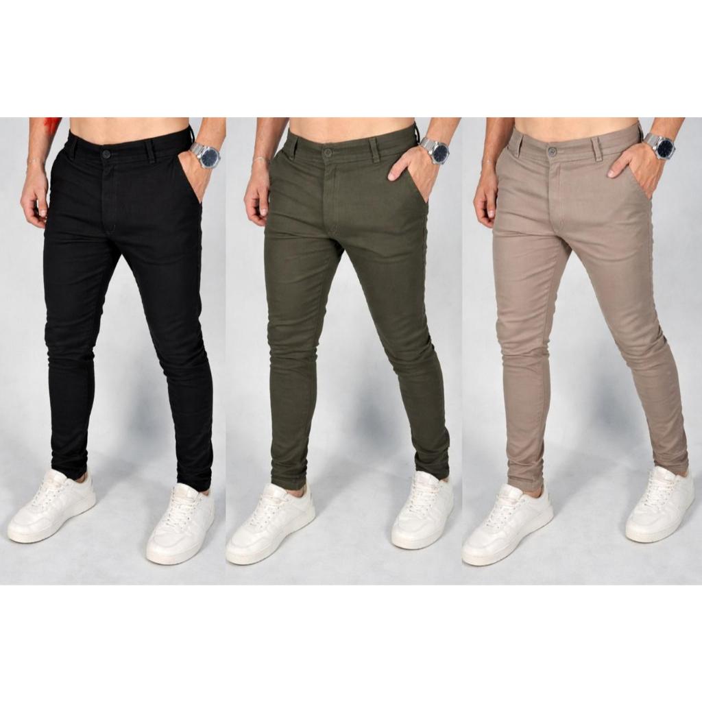 KIT Calças Sarja Masculina Slim Fit Premium Com Elastano Sport Fino