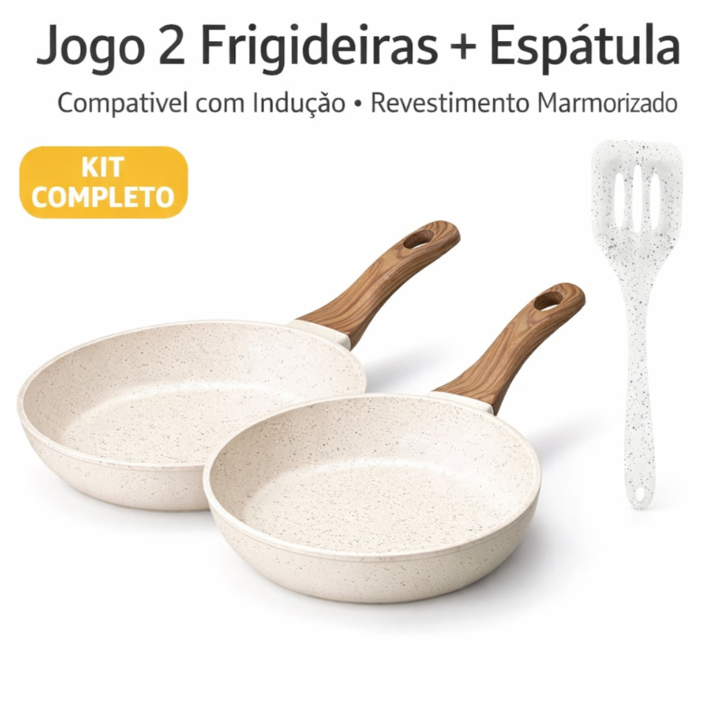 Jogo 2 Frigideiras Indução Mármore Mimo Style 22/24cm + Brinde Espátula Silicone Antiaderente Luxo