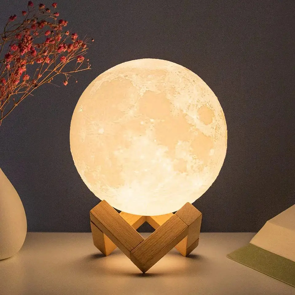 Abajur Luminária Lua Cheia 3D Led Sem Fio Com Base 7cm