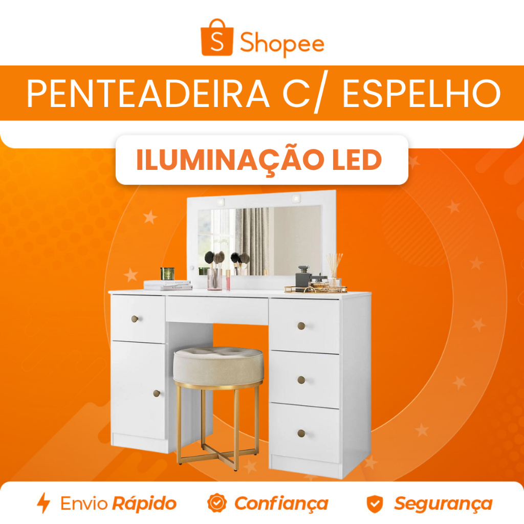 Penteadeira Camarim com Espelho LED 5 Gavetas Moval Completa
