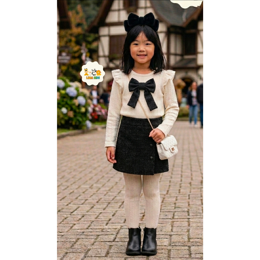 Conjunto  infantil Menina  Blusa com laco e short Saia tecido tweed conjunto infantil menina inverno