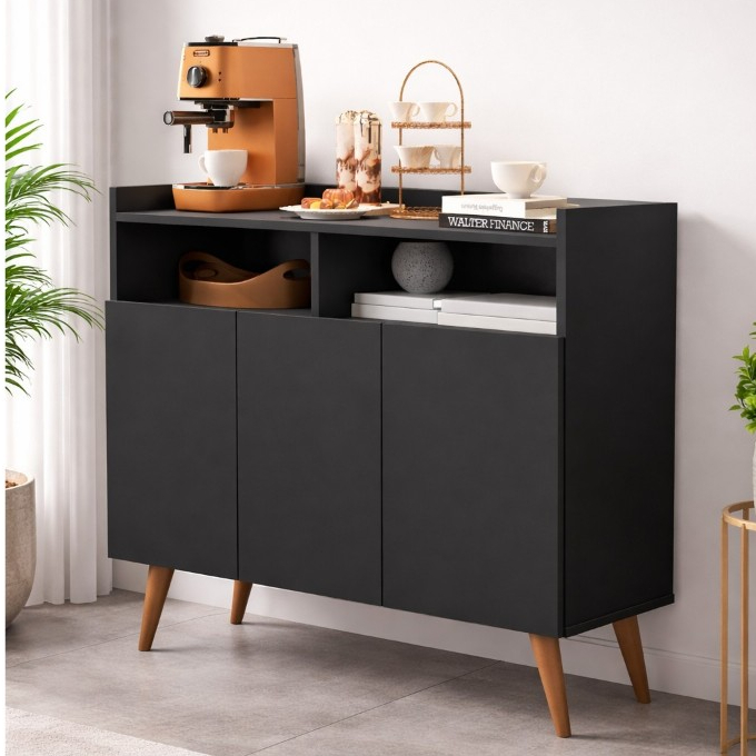 Buffet Aparador Multiuso Preto com Nichos – Buffet Elegante para Sala de Estar e Jantar