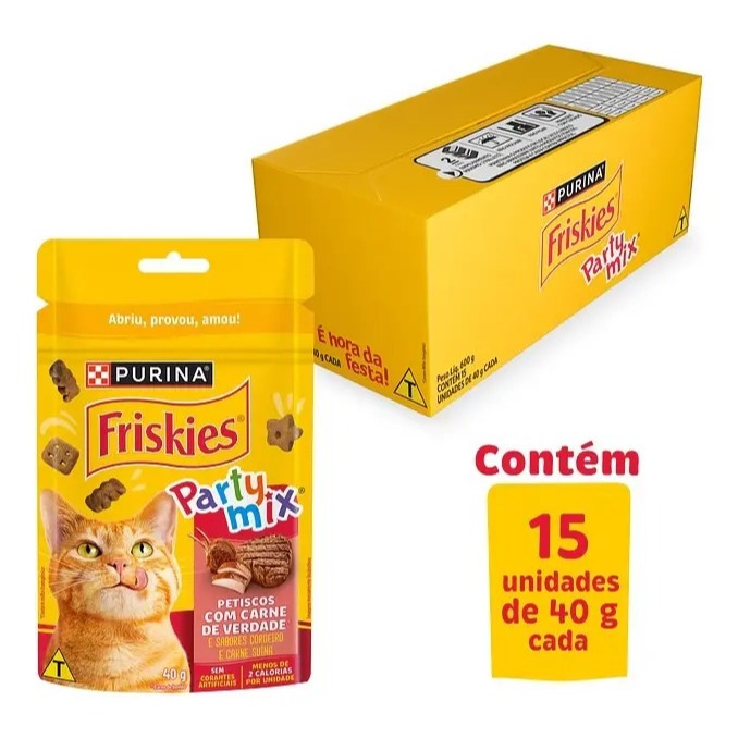 Caixa com 15 Friskies Party Mix Sabor Carne 40g Petisco p/ Gatos Purina