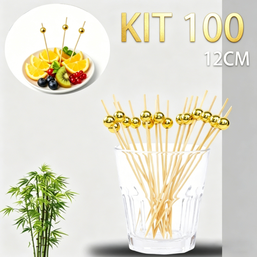 Kit 100 Palitos de Bambu Para Petisco Decorado Bolinha dourada 12cm