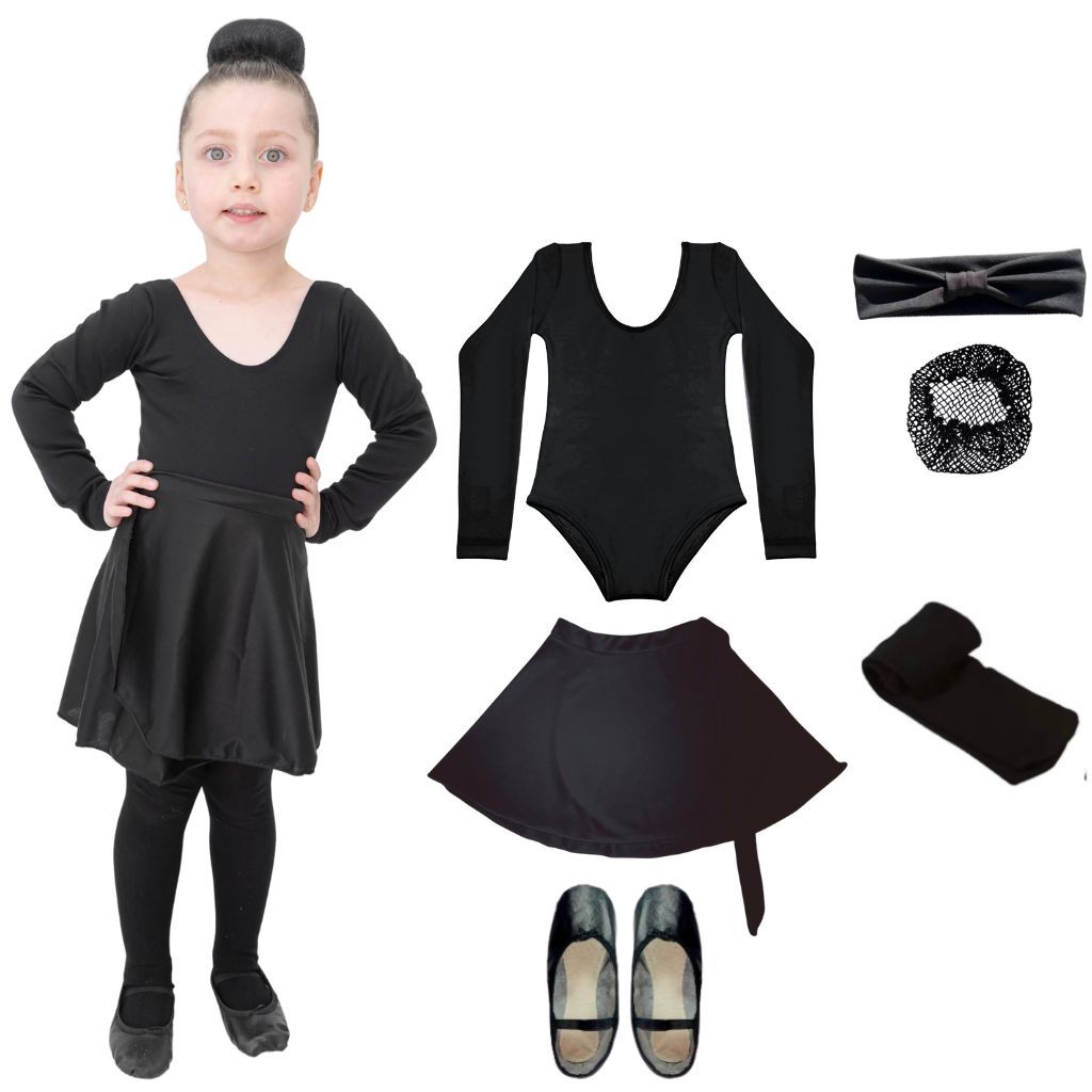 Kit Preto Bailarina Completo Inverno Com Collant Manga Longa Infantil 6 Itens