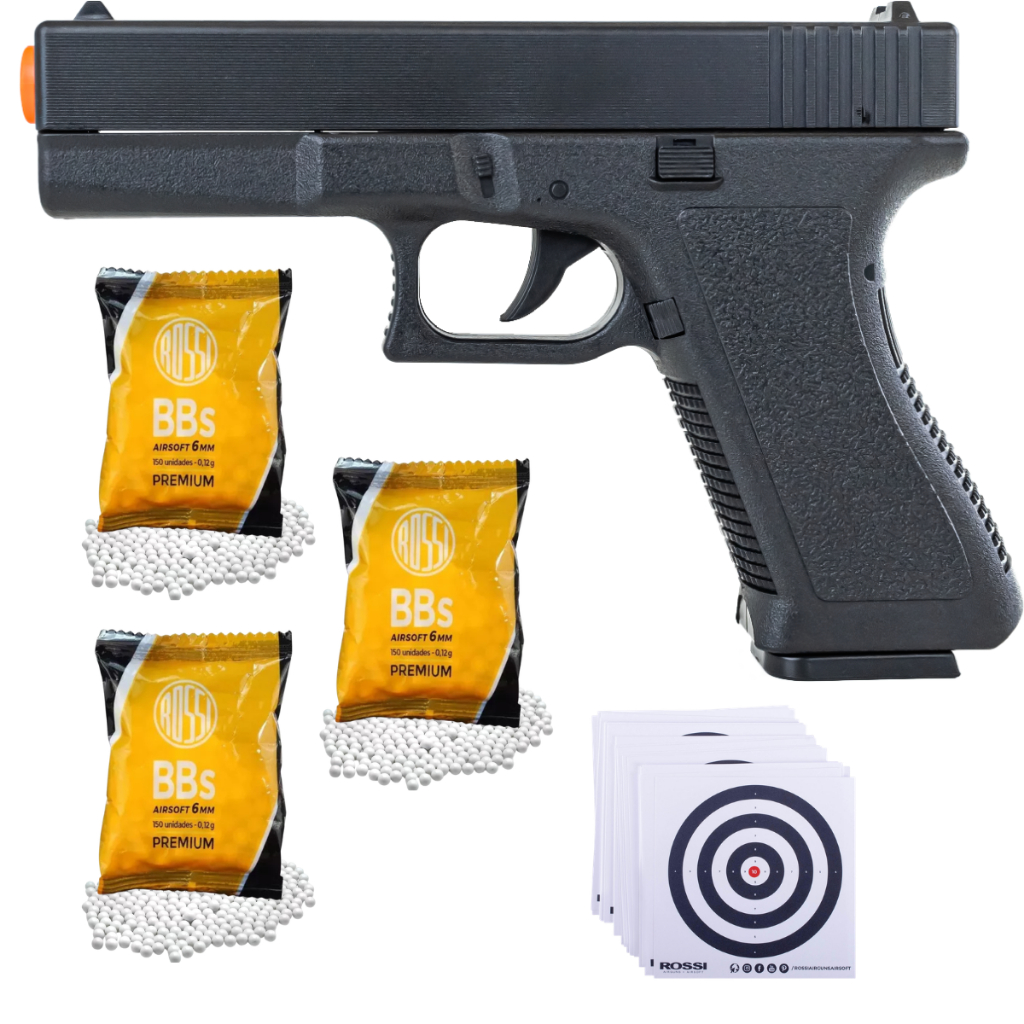 Pistola de Airsoft V307 Rossi Spring Mola 6mm + 450 BBs Rossi + 05 Alvos Rossi