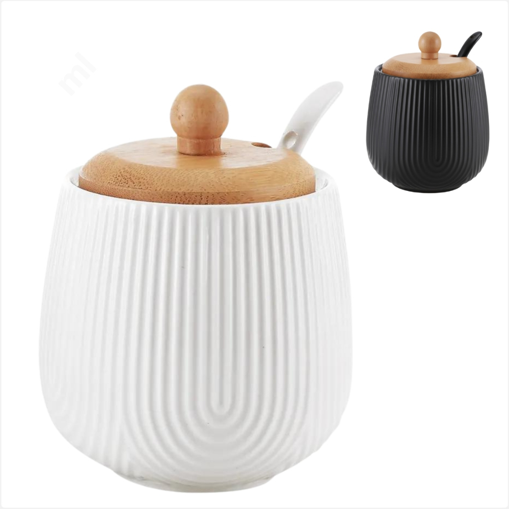 Pote Para Açúcar Cerâmica Com Colher e Tampa De Bambu 360ml Porta Mantimentos Cozinha Açucareiro Linha Oásis