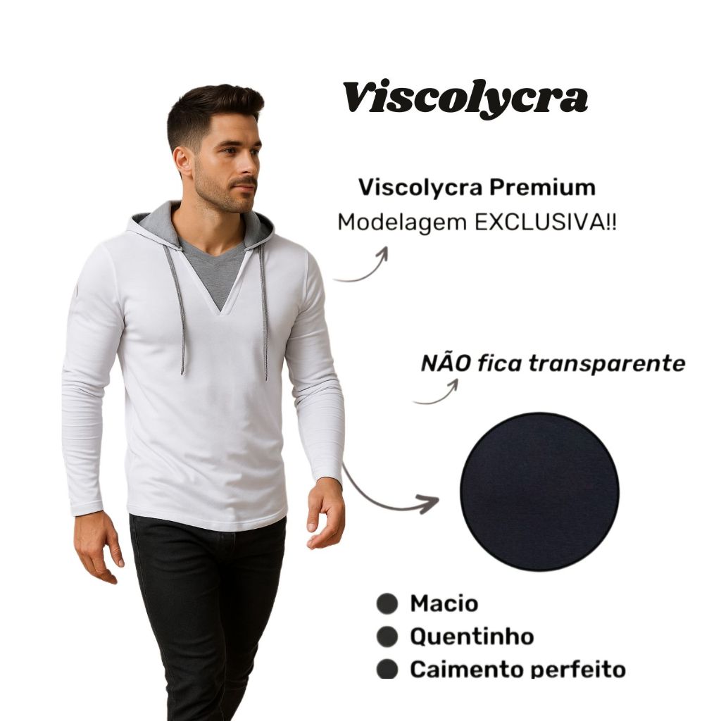 Blusa Masculina Manga Longa com Capuz Viscolycra Slim Casual Camiseta Manga Comprida