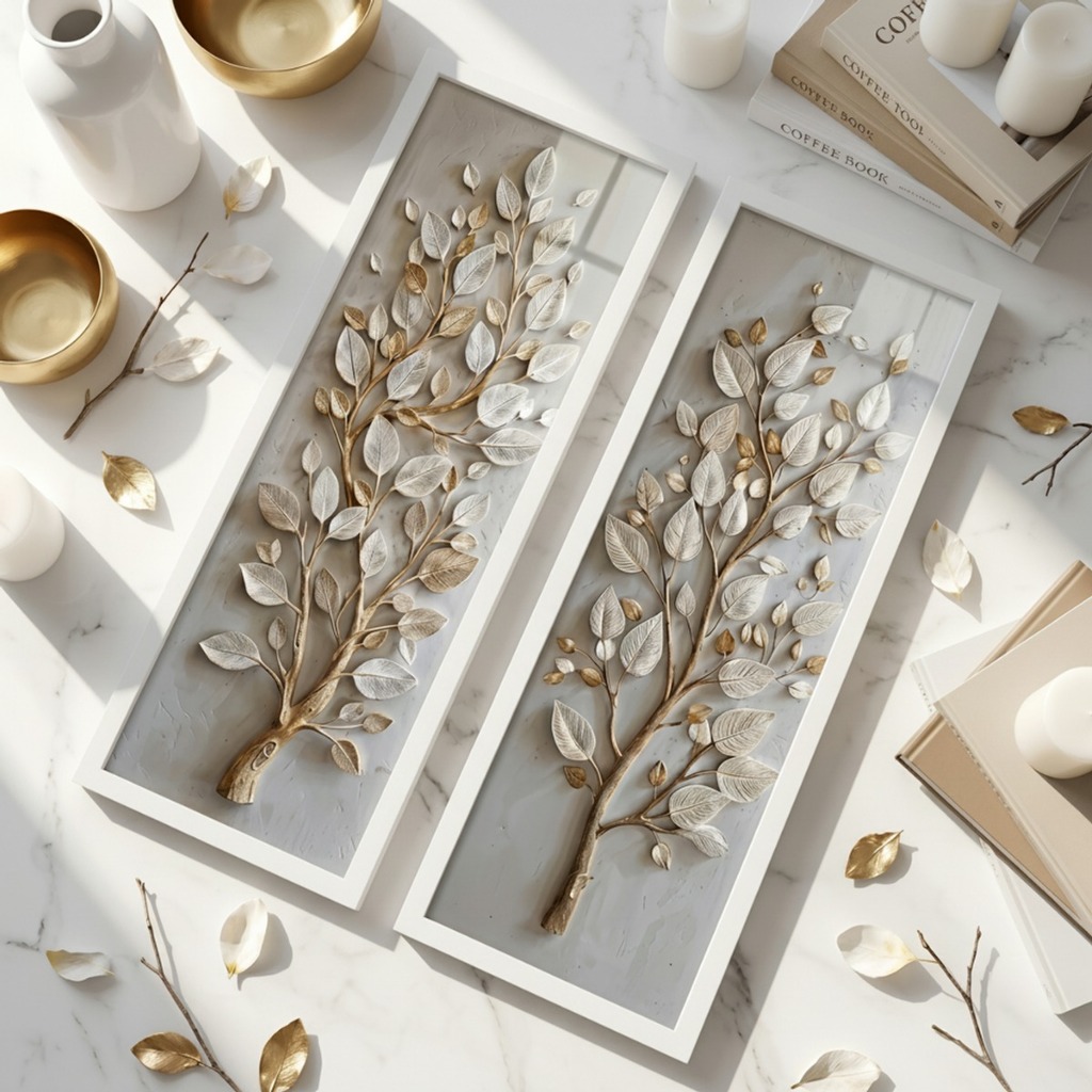 Kit 2 Quadros Verticais 18x45 Árvore Dourada Moldura Vidro Decoração Sala Quarto Presente Luxo