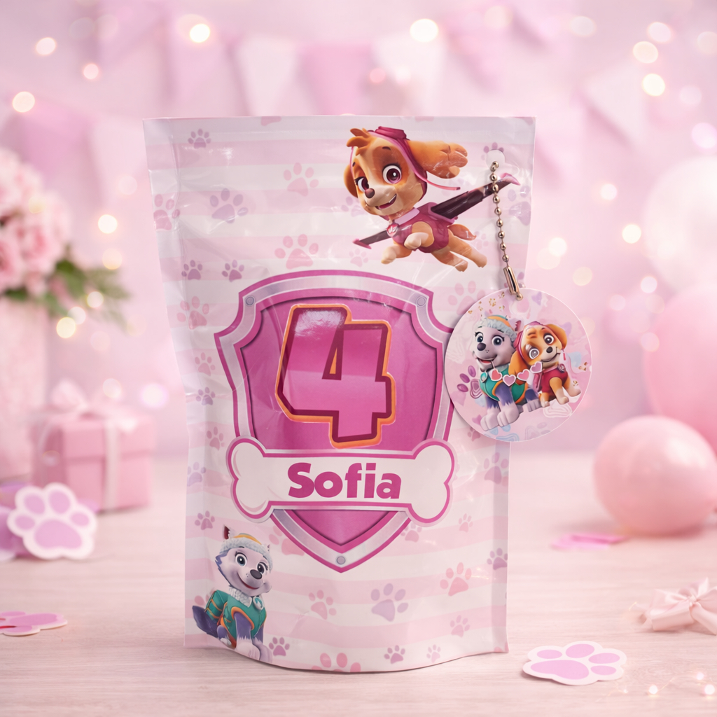 Saquinho Metalizado Ziplock Skye e Everest / Patrulha Canina Rosa / Personalizado / Lembrancinha de festa / Aniversário