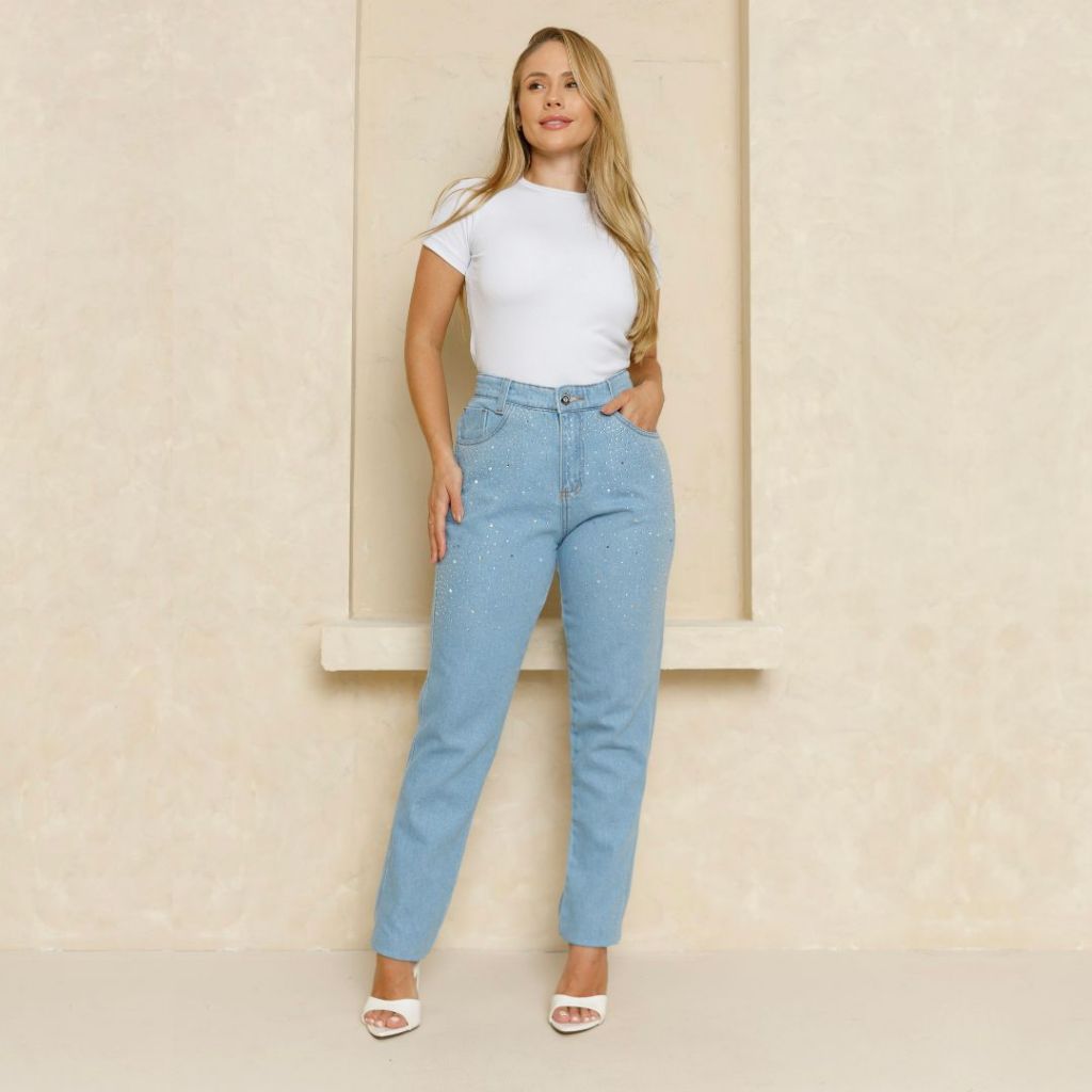 Calça Mom Feminina Com Strass Premium Jeans 100% Algodão Cintura Alta Modeladora Calça Jeans Feminina Marmorizada Azul C