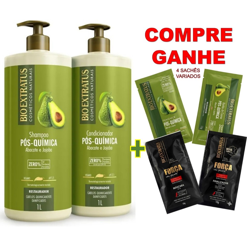 kIT 2 LITROS PÓS QUÍMICA BIO EXTRATUS: SH 1L+COND 1L + 🎁BRINDE 4 SACHÊS VARIADOS🎁