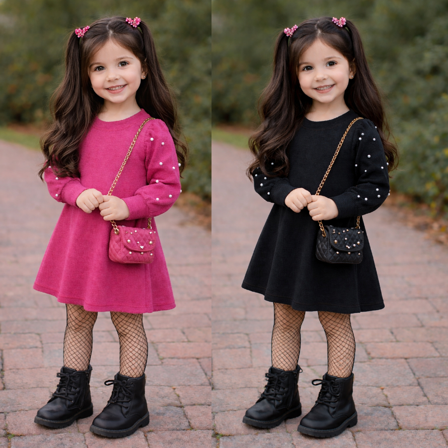 Vestido Infantil e Juvenil Lãzinha Inverno Manga Bufante com Pérolas Menina 2 ao 16 Anos