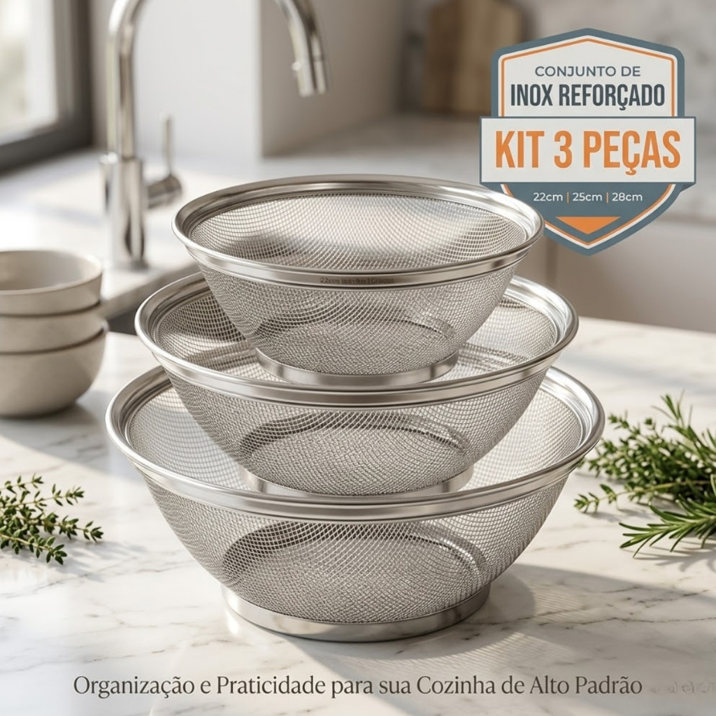 Kit 1,2 Ou 3 Cesto Escorredor Inox Reforçado 22,25 e 28cm Peneira Cozinha Premium Pronta Entrega