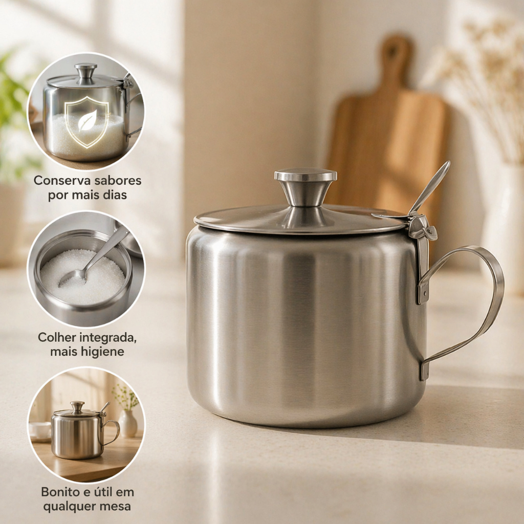 Açucareiro Inox Com Colher Pote Para Açúcar Café Recipiente Elegante Cozinha Achadinhos