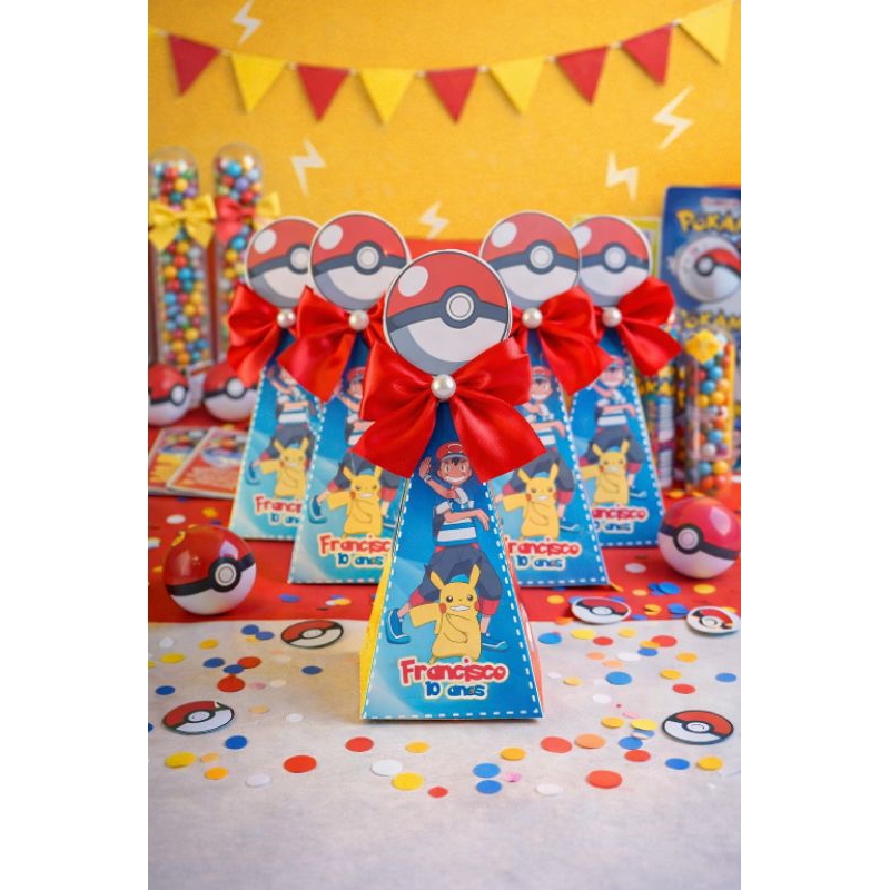 10/20 Caixinhas Pirâmides + Laço, Festa Pokémon, Lembrancinhas Aniversário Personalizadas.