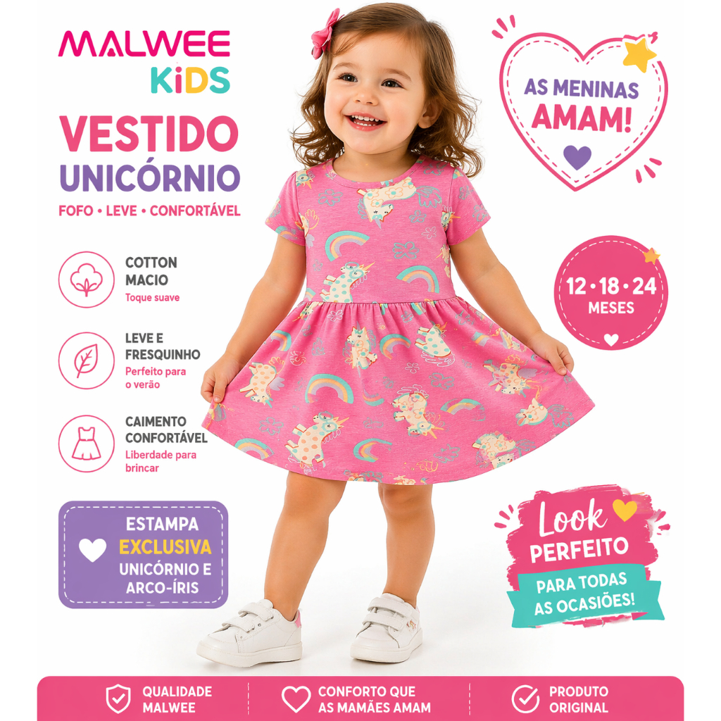 VESTIDO MENINA MALWEE KIDS 12 18 24M COTTON MACIO CONFORTÁVEL BEBÊ PROMOÇÃO