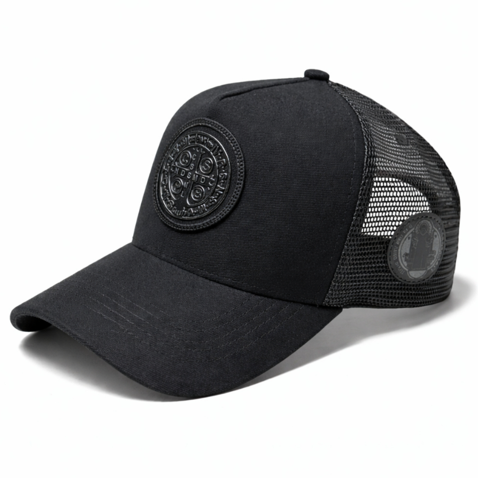 Detalhes do Boné Agro Country Medalha São Bento Masculino Feminino Preto Trucker Aba Curva Ajustável Premium