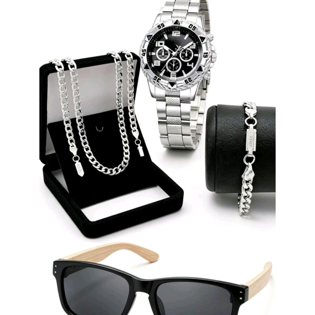 Conjunto de Acessórios Masculinos - Relógio + Óculos + Colar + Pulseira