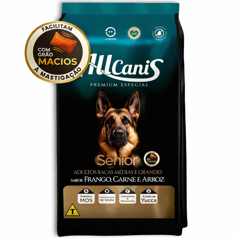 Ração Allcanis Cães Adultos Sênior Raças Grandes com Grãos Macios Sabor Frango, Carne e Arroz 15kg