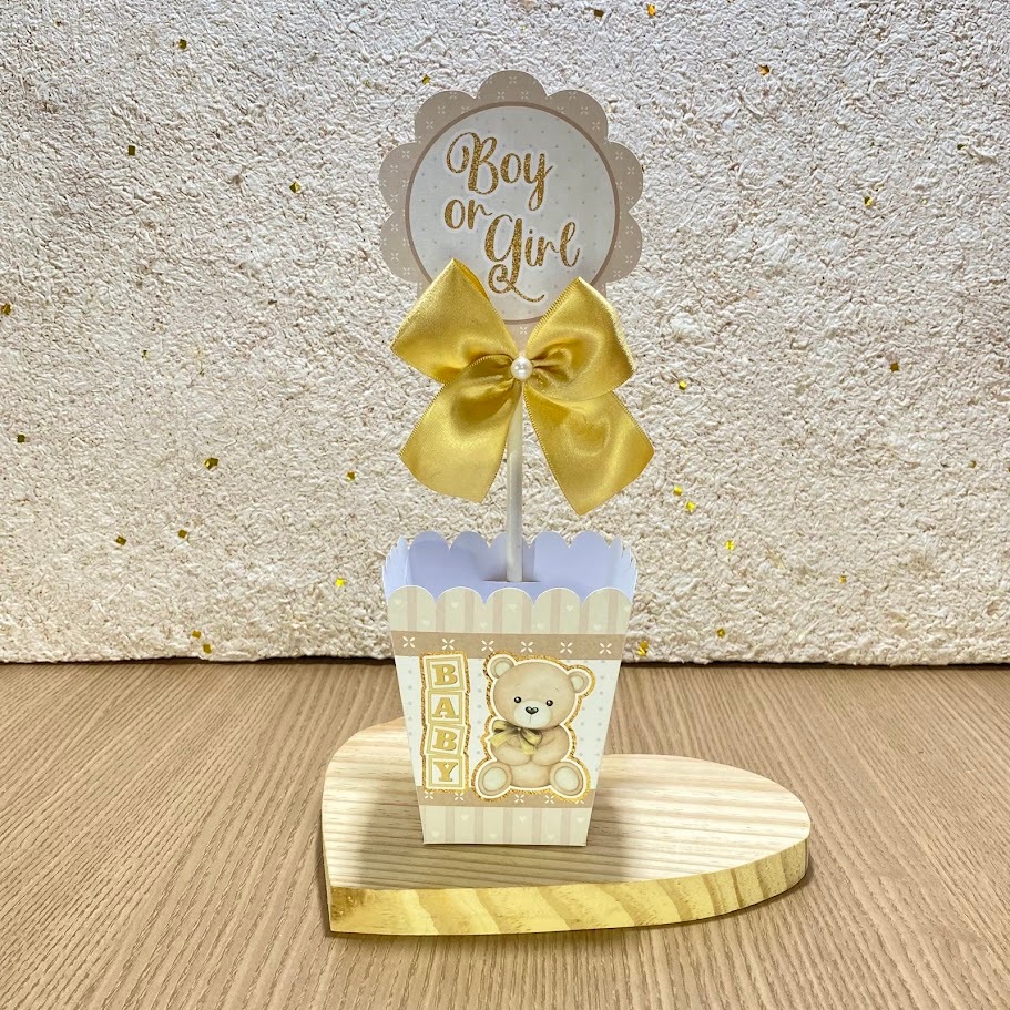 Kit Centro de Mesa Chá Revelação Ursinho Bege Cachepot - PEGUE E MONTE / Decoração de Festa Infantil
