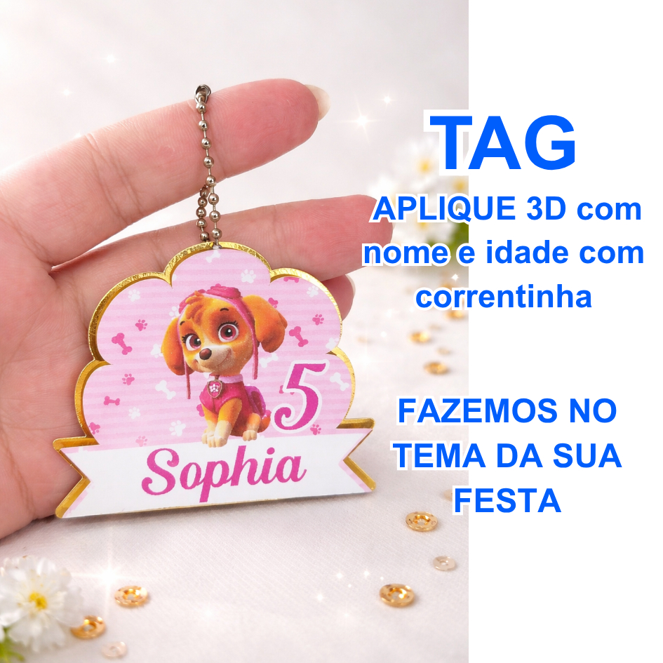 Tag Aplique Lembrancinha Personalizada 3D com Nome e Idade com Correntinha Patrulha canina skye