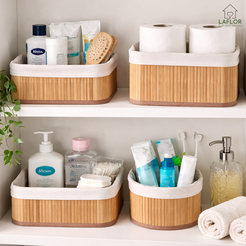 Kit 4 Cestos Organizadores de Bambu Multiuso com Forro De Armário Cozinha Banheiro Maquiagem Closet