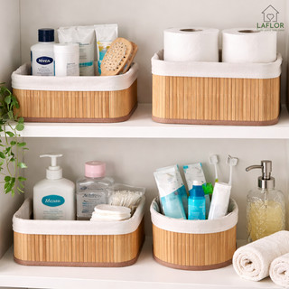 Kit 4 Cestos Organizadores de Bambu Multiuso com Forro De Armário Cozinha Banheiro Maquiagem Closet