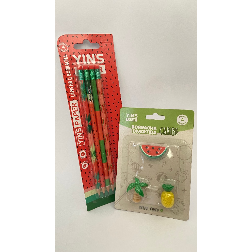 Kit lápis e borracha melancia | papelaria fofa kawaii |material escolar | presente criativo | envio imediato papelaria