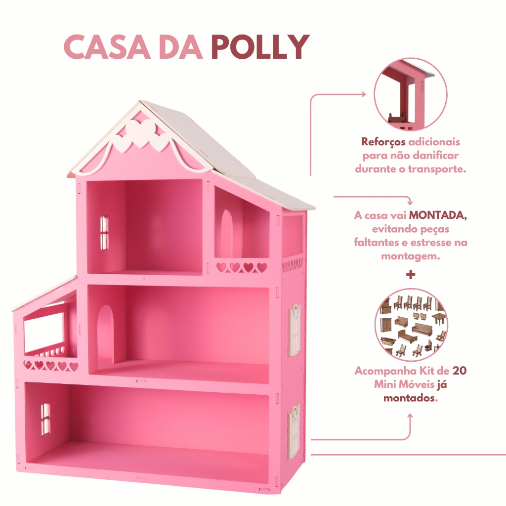 Casa Boneca Polly Mdf Pintada Rosa + Kit 20 Mini Móveis MONTADO - 40cm — imagem 2 de 2