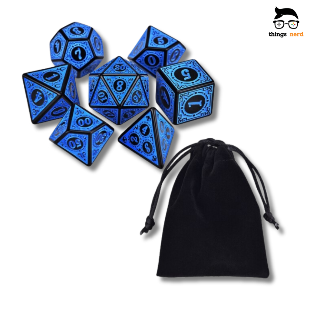Kit 7 Dados RPG Azul de Mesa Runas D&D Tormenta Boardgame Conjunto D4 D6 D8 D10 D10% D12 D20