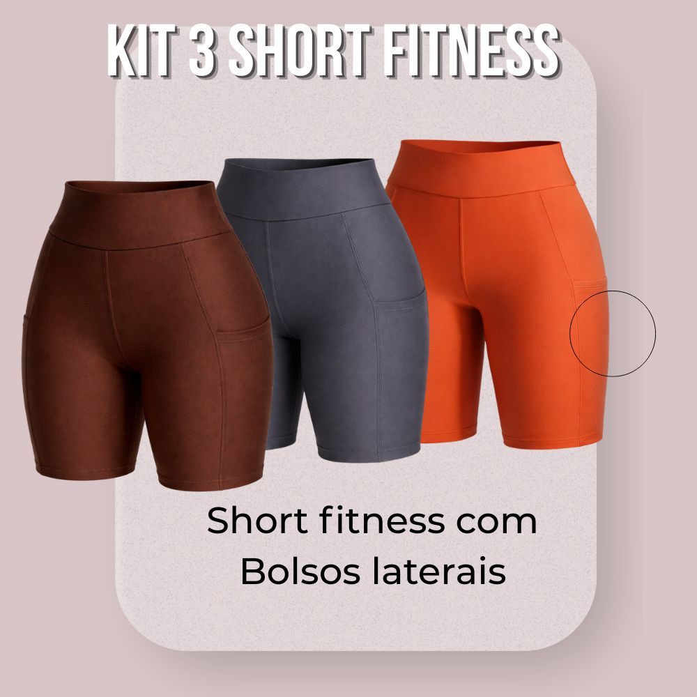 Kit 3 Shorts Feminino Com Bolso Suplex Fitness Short Cintura Alta Corrida Caminhada Academia
