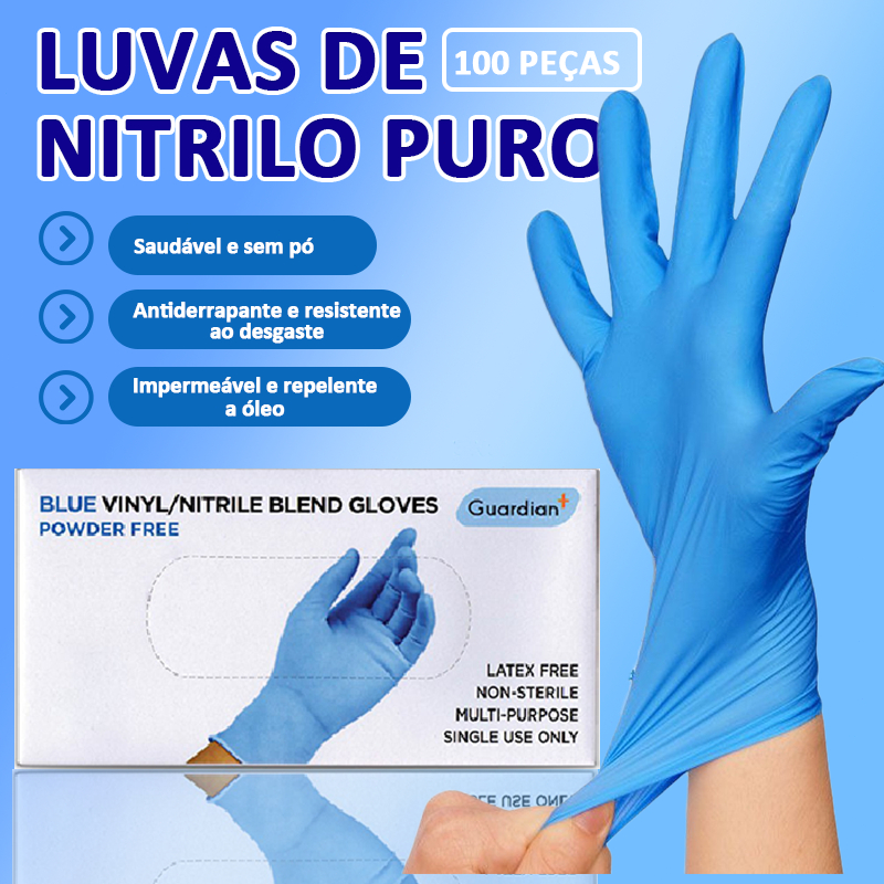 Luvas de Nitrilo Puro Descartáveis 100 Peças | Antiderrapante Resistente ao Desgaste e Sem Pó