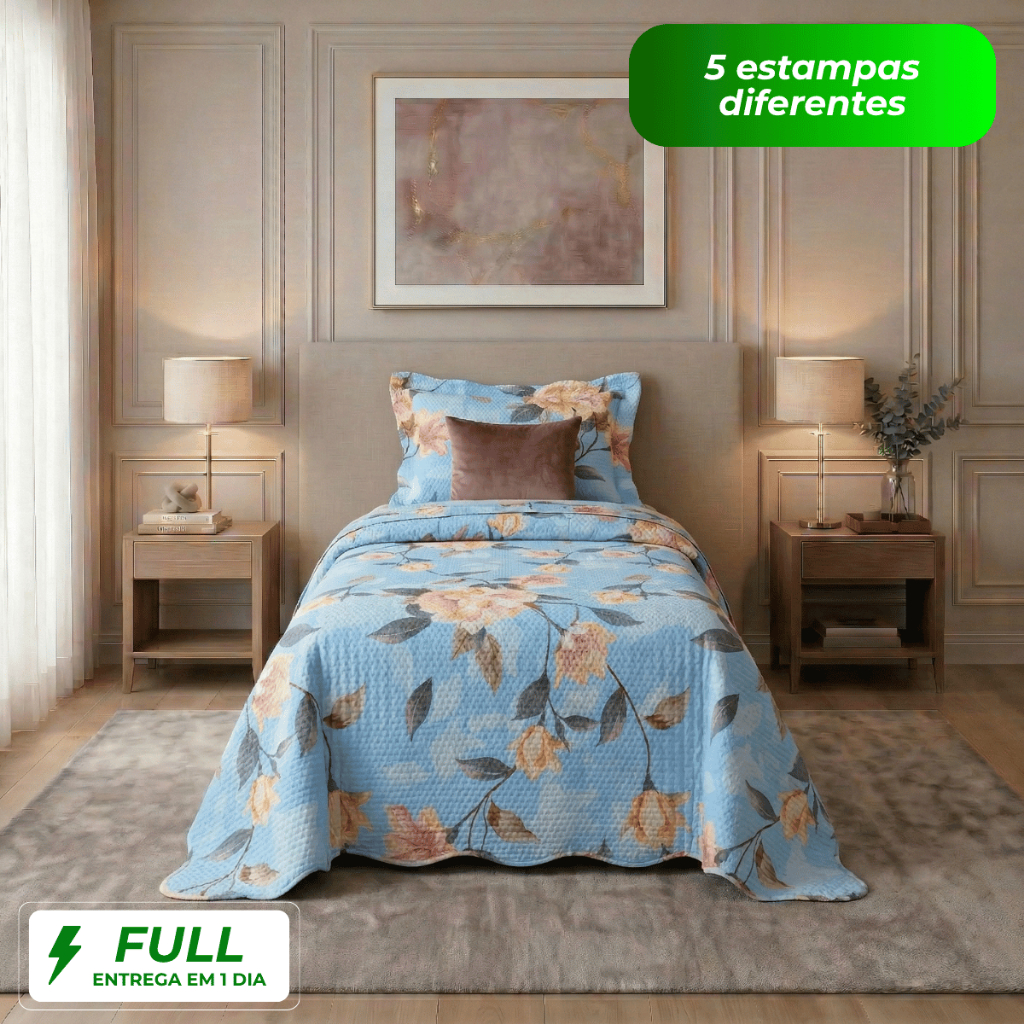 Kit Colcha Cobre Leito Solteiro 2 Peças Estampada Dupla Face Florida Matelado Percal Cama Box em Oferta na Shopee