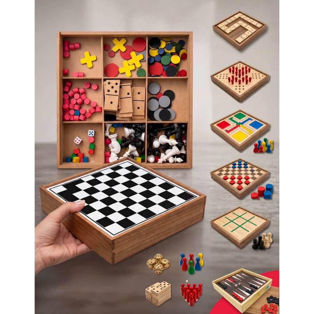 Jogo Tabuleiro Educativo Madeira 8x1 Clássicos Xadrez Dama Jogo da Velha Ludo Trilha Dominó Resta 1 Gamão