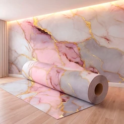 Papel de Parede Adesivo Mármore Rosa Dourado Branco Delicado Para Quarto Salão