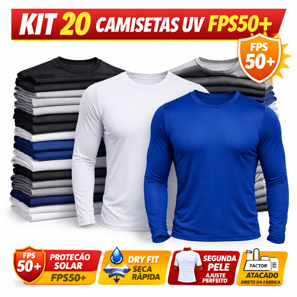 Kit 20 Camisetas UV FPS50+ Segunda Pele Dry Fit Proteção Solar Masculina/Unissex Atacado Revenda Academia Trabalho