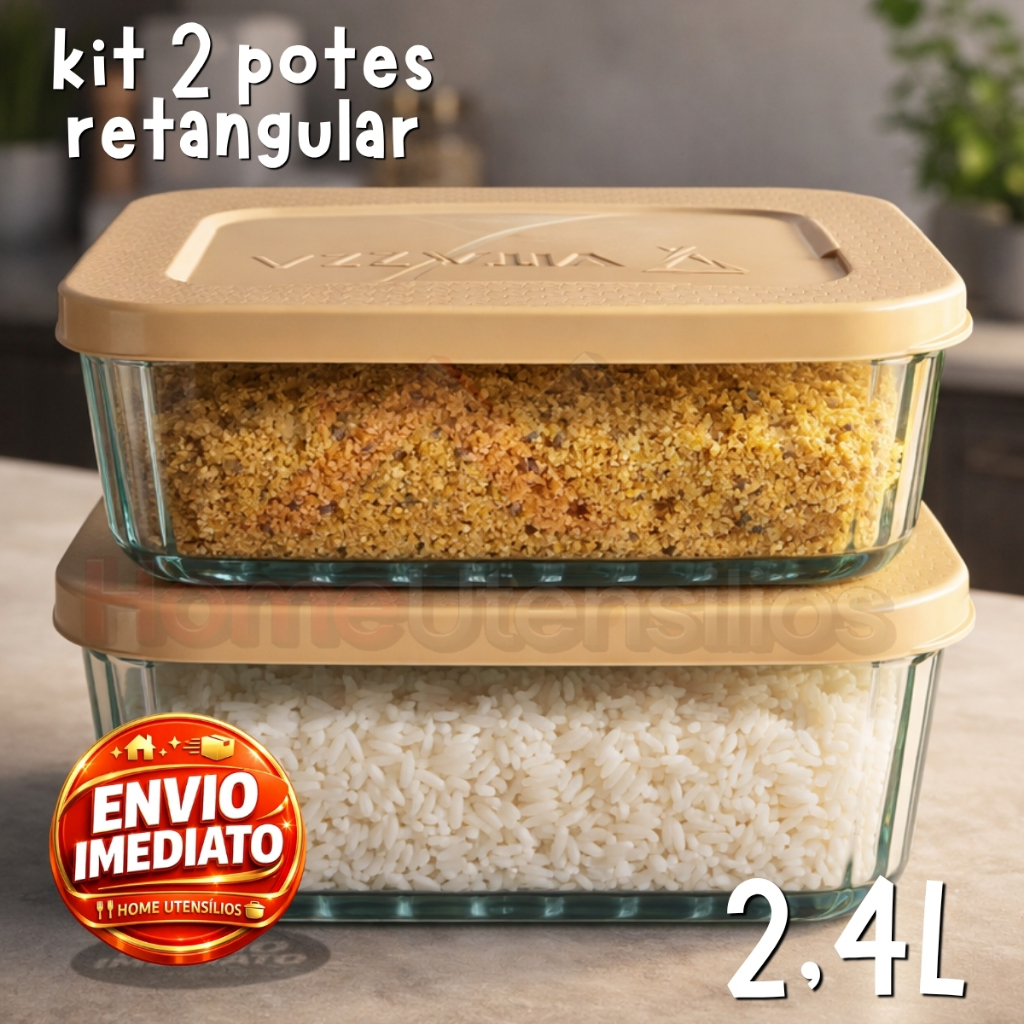 Kit 2 Pote Vidro 2.4 Litros Retangular Com Tampa Plástica